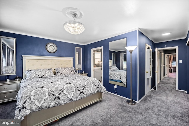 carpeted bedroom featuring crown molding and ensuite bathroom