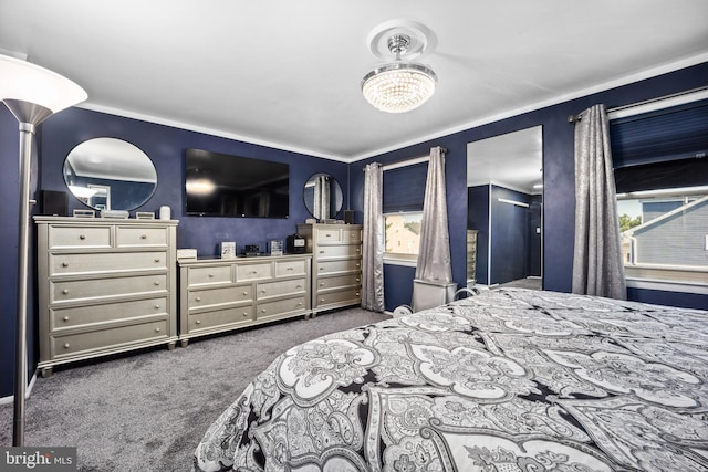 carpeted bedroom with ornamental molding