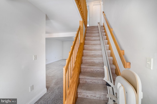 stairway featuring carpet floors