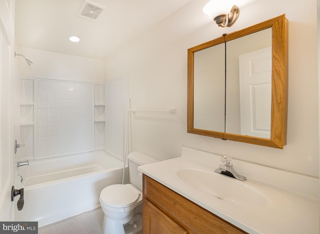 full bathroom featuring visible vents, toilet, vanity, and  shower combination