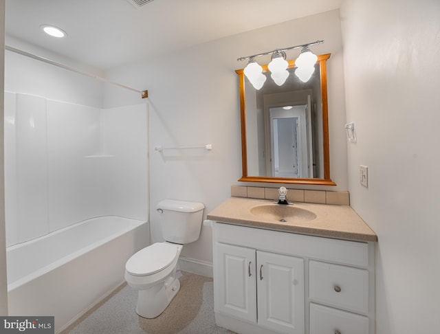 full bath featuring visible vents, toilet, shower / bathing tub combination, baseboards, and vanity