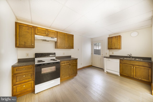 kitchen featuring light wood-type flooring, sink, and white appliances