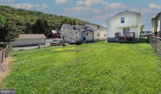 back of property featuring a deck, a lawn, and a fenced backyard