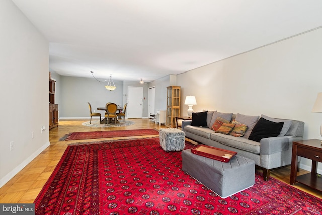 living room with parquet floors