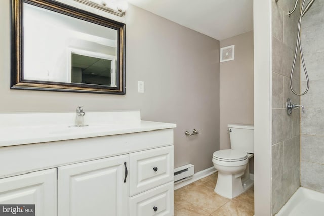 bathroom with vanity, visible vents, tiled shower, toilet, and baseboard heating