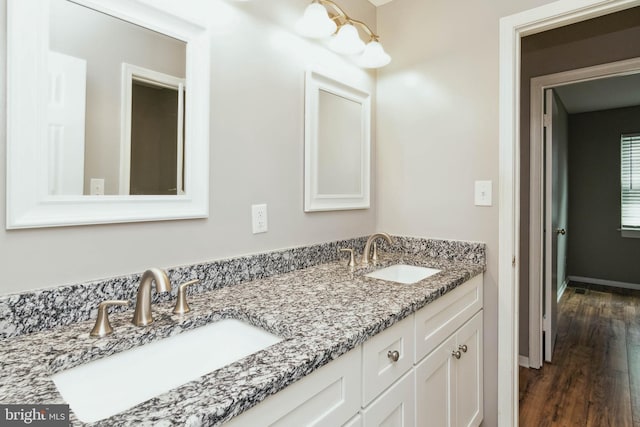 bathroom featuring double vanity, wood finished floors, baseboards, and a sink