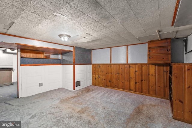 basement with wooden walls and carpet flooring