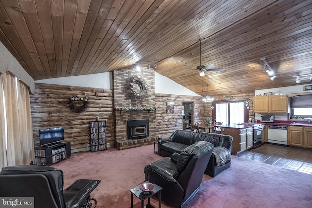 carpeted living room featuring wood ceiling, ceiling fan, and a wealth of natural light