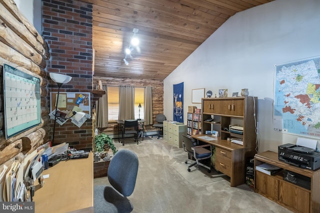 carpeted office space with wood ceiling and lofted ceiling