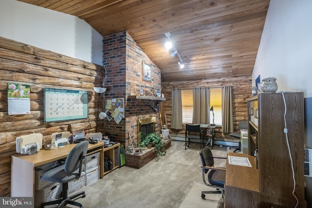 carpeted home office featuring high vaulted ceiling, wooden ceiling, and a fireplace