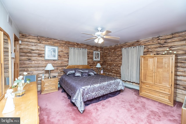 bedroom featuring carpet flooring, ceiling fan, and a baseboard radiator