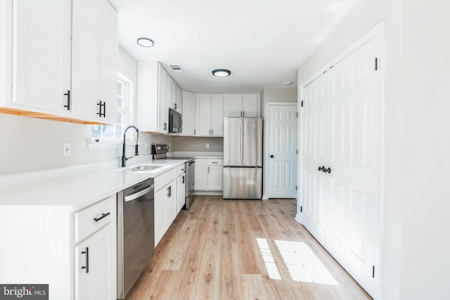 kitchen with white cabinets, light hardwood / wood-style floors, stainless steel appliances, and sink