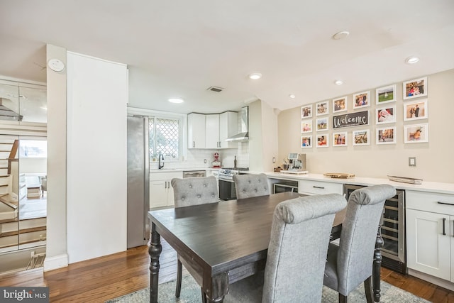 dining area featuring sink and dark wood-type flooring