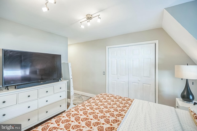 bedroom with vaulted ceiling, track lighting, and a closet