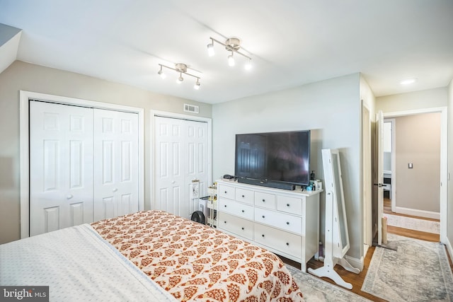 bedroom with multiple closets and hardwood / wood-style flooring