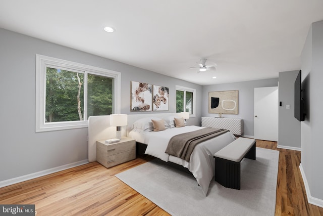 bedroom with light wood-type flooring, ceiling fan, and multiple windows