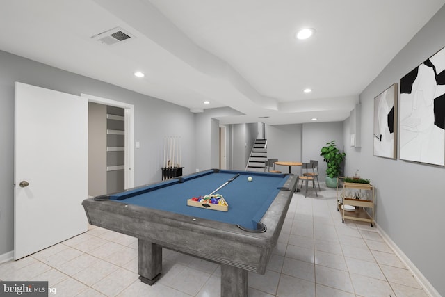 game room with light tile patterned floors and billiards