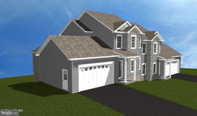 view of front facade with aphalt driveway, a garage, roof with shingles, and a front lawn