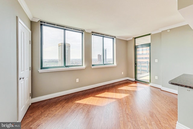 spare room featuring light hardwood / wood-style flooring and crown molding