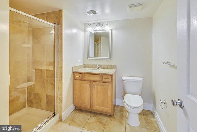 bathroom featuring walk in shower, tile patterned flooring, vanity, and toilet