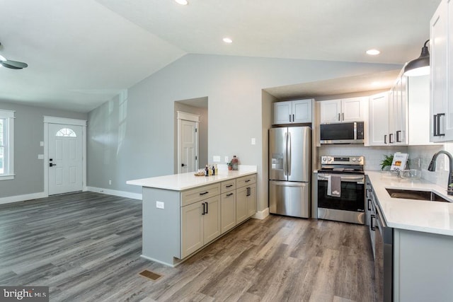 kitchen with vaulted ceiling, appliances with stainless steel finishes, sink, wood-type flooring, and kitchen peninsula