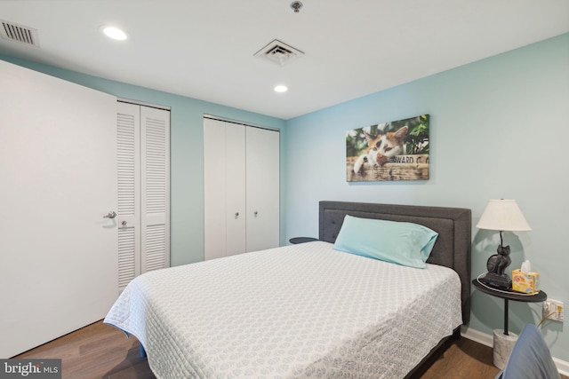 bedroom with wood-type flooring and multiple closets