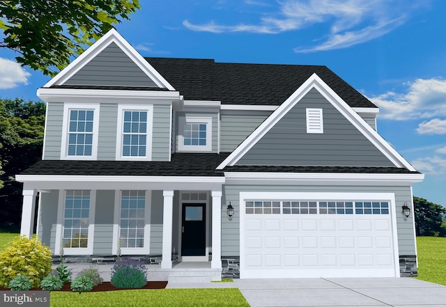 craftsman house featuring a garage, a front yard, and covered porch