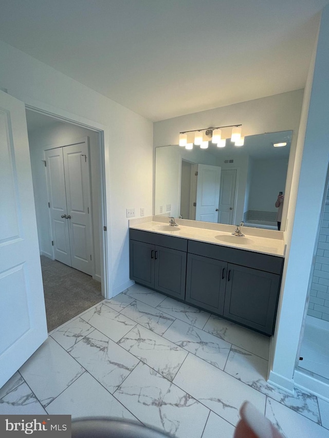 bathroom with vanity and a shower