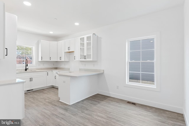 kitchen with sink, light hardwood / wood-style flooring, kitchen peninsula, and white cabinets