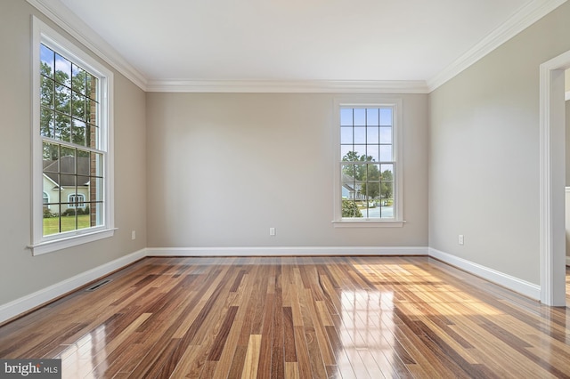 empty room with wood-type flooring, plenty of natural light, and crown molding