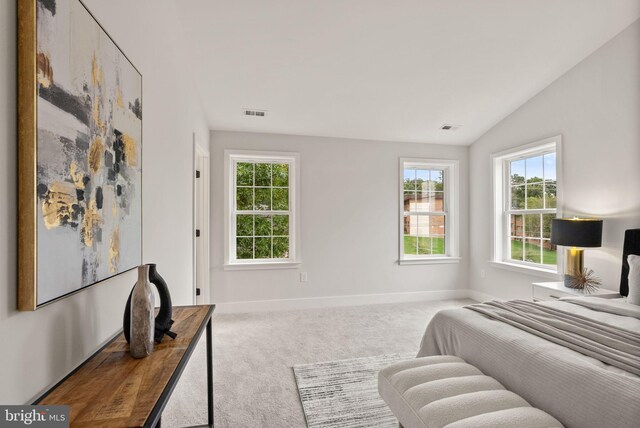 bedroom featuring visible vents, carpet floors, baseboards, and vaulted ceiling