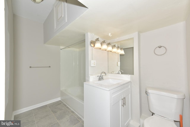 full bathroom featuring shower / tub combination, vanity, toilet, and tile patterned floors