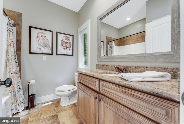 full bathroom with vanity, toilet, and shower / bath combination with curtain