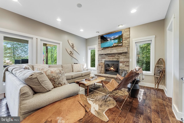 living room featuring a fireplace and dark hardwood / wood-style floors