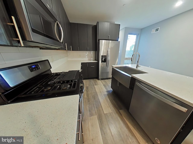 kitchen with decorative backsplash, stainless steel appliances, sink, and light wood-type flooring