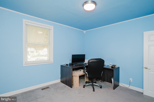 carpeted office featuring crown molding