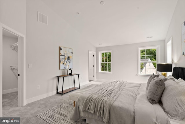 carpeted bedroom with lofted ceiling and a spacious closet