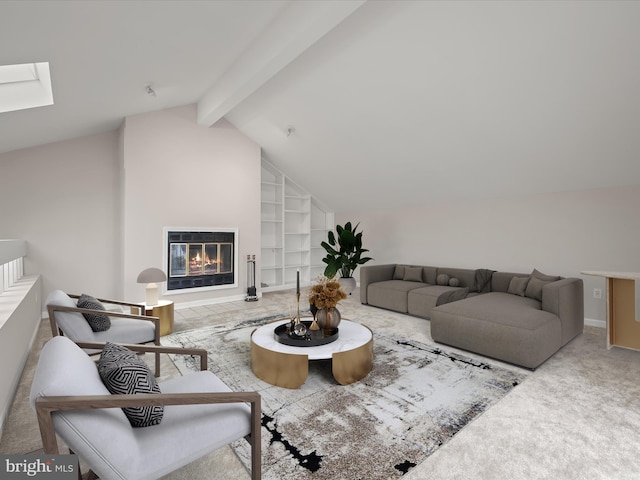 living room featuring vaulted ceiling with skylight, built in features, and carpet