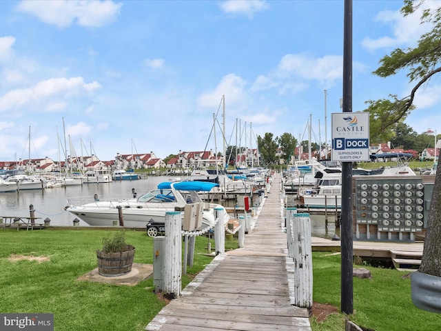 dock area with a yard and a water view