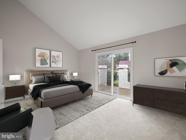 bedroom featuring high vaulted ceiling, light colored carpet, and access to outside