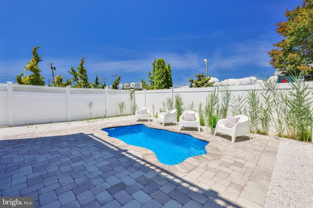 view of swimming pool with a fenced in pool, a fenced backyard, and a patio area