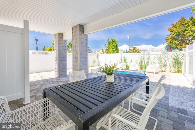 view of patio / terrace featuring a fenced backyard and outdoor dining space