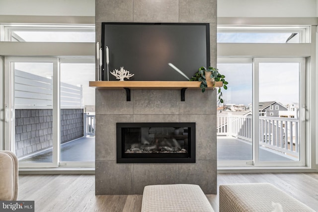 living room with a glass covered fireplace and wood finished floors