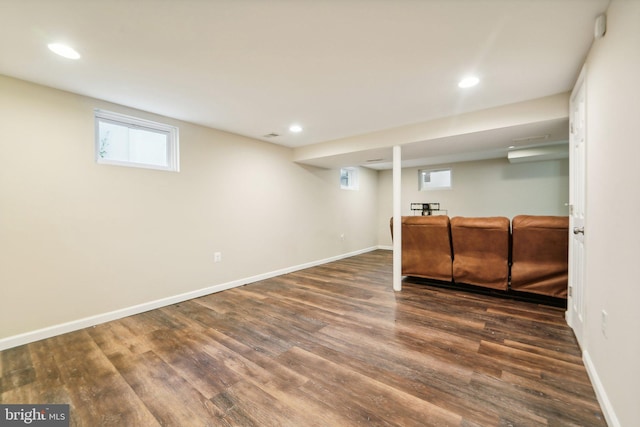 basement with dark wood-type flooring