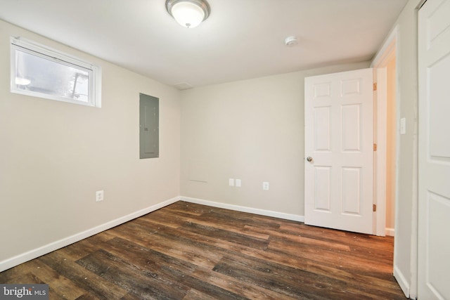 interior space with electric panel and dark wood-type flooring