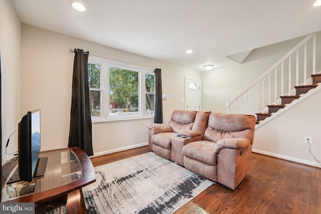 living room with dark hardwood / wood-style flooring