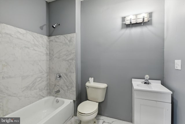 full bathroom featuring vanity, tiled shower / bath combo, and toilet