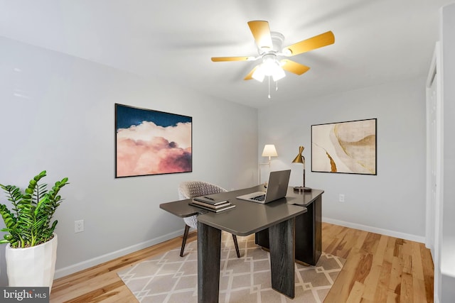 office with ceiling fan and hardwood / wood-style flooring