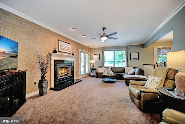 living room featuring ceiling fan, a fireplace, ornamental molding, and carpet