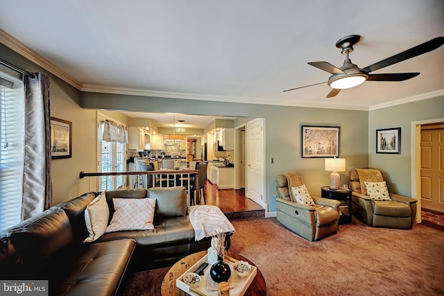 living room with carpet flooring, ornamental molding, ceiling fan, and plenty of natural light